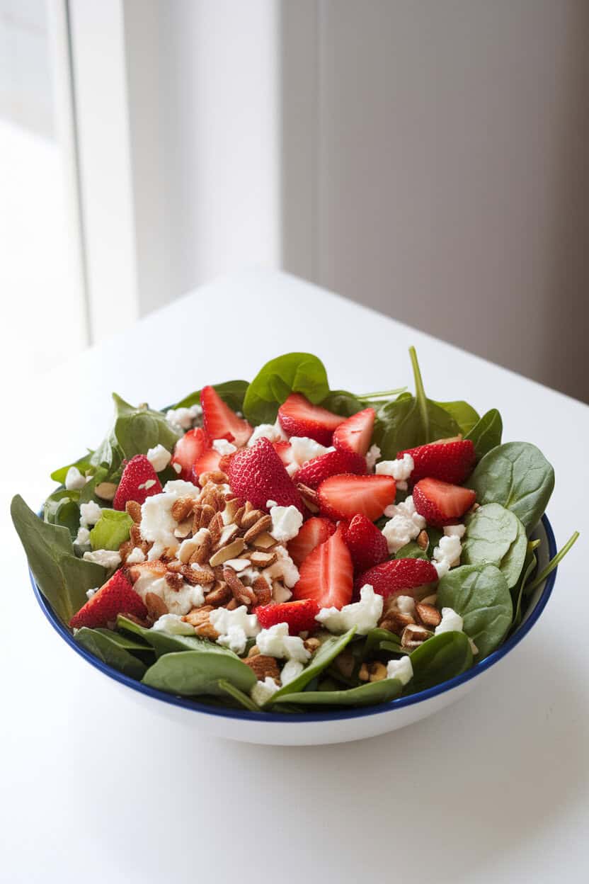 A brightly lit indoor tabletop featuring a salad bowl bursting with baby spinach, sliced strawberries, crumbled goat cheese, and toasted almonds. No logos on utensils or backdrop.