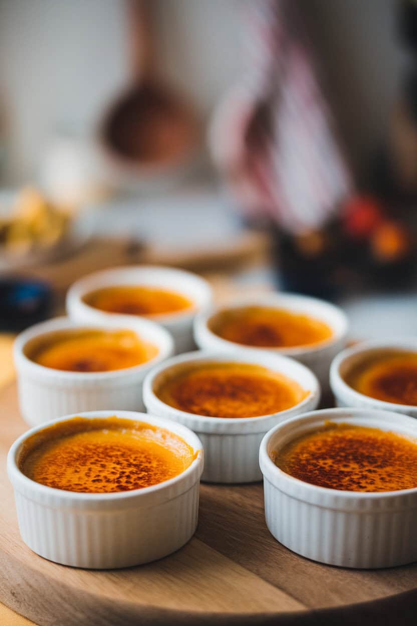 Photo, not illustration. Indoor ramekins of pumpkin crème brûlée with caramelized sugar tops cracking, no logos present.