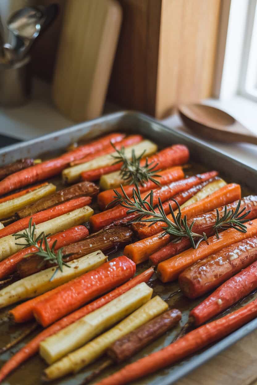 A warmly lit indoor sheet pan loaded with roasted carrots, parsnips, and sweet potatoes glistening with maple glaze, garnished with fresh rosemary sprigs. No text or logos visible.