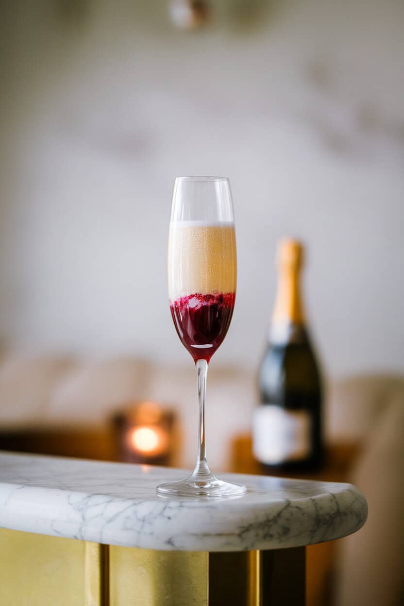 Indoor photo of a champagne flute with deep ruby crème de cassis at the bottom gradually blending into sparkling wine above, set on a small marble bar, no text or logos.