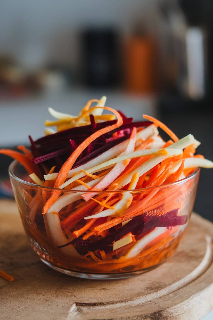 Indoor setting featuring a glass bowl of thinly shaved carrots, beets, and parsnips dressed lightly, orange zest visible. No logos or text. Photo.