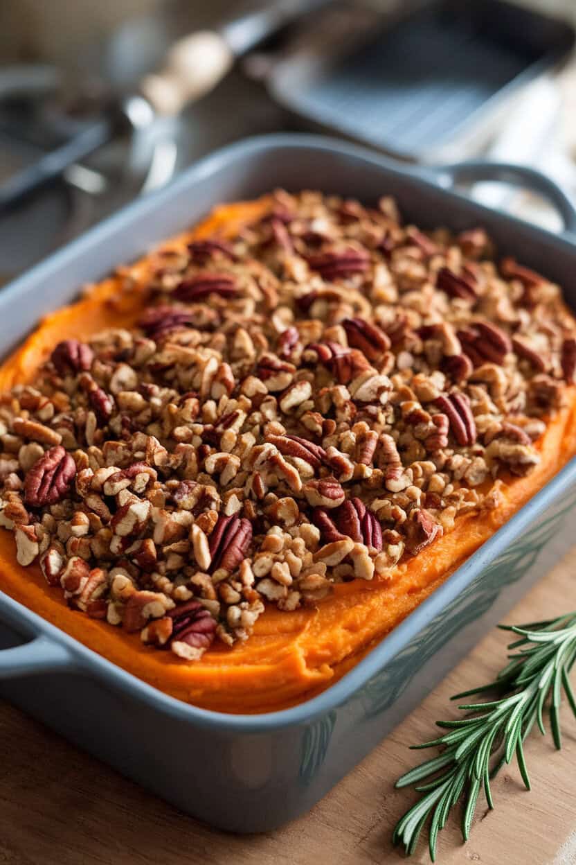 A rectangular indoor baking dish filled with smooth sweet potato mash, topped with a crumbly pecan streusel just baked to golden brown. No visible branding or text. Photo.</Prompt