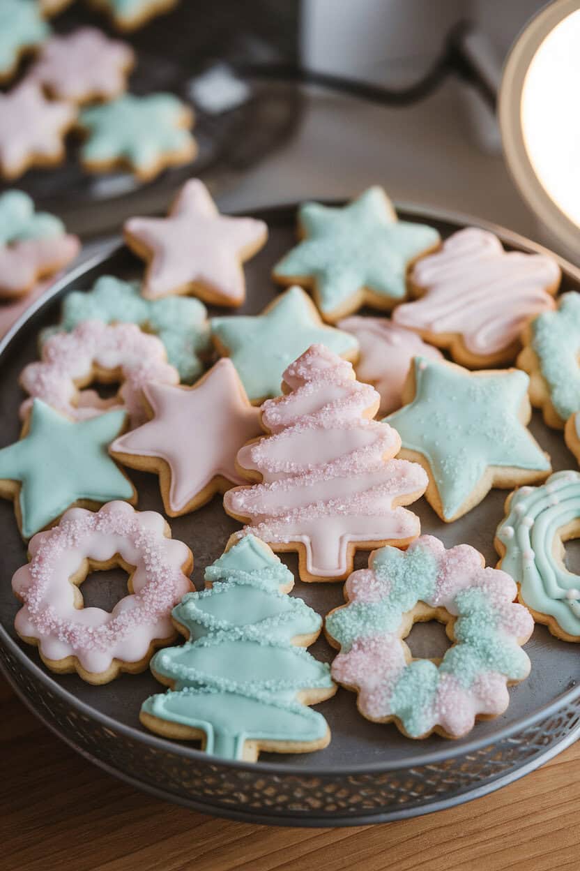 An indoor tray of pastel spritz cookies in various shapes—trees, stars, wreaths—decorated with subtle sanding sugar. No text or logos visible. Photo, not illustration.