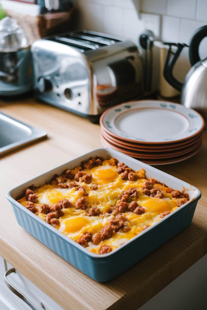 Indoor kitchen counter with a square dish of breakfast casserole featuring visible sausage crumbles, fluffy egg, and melted cheese, next to a stack of plates. Photo only, no text or logos.