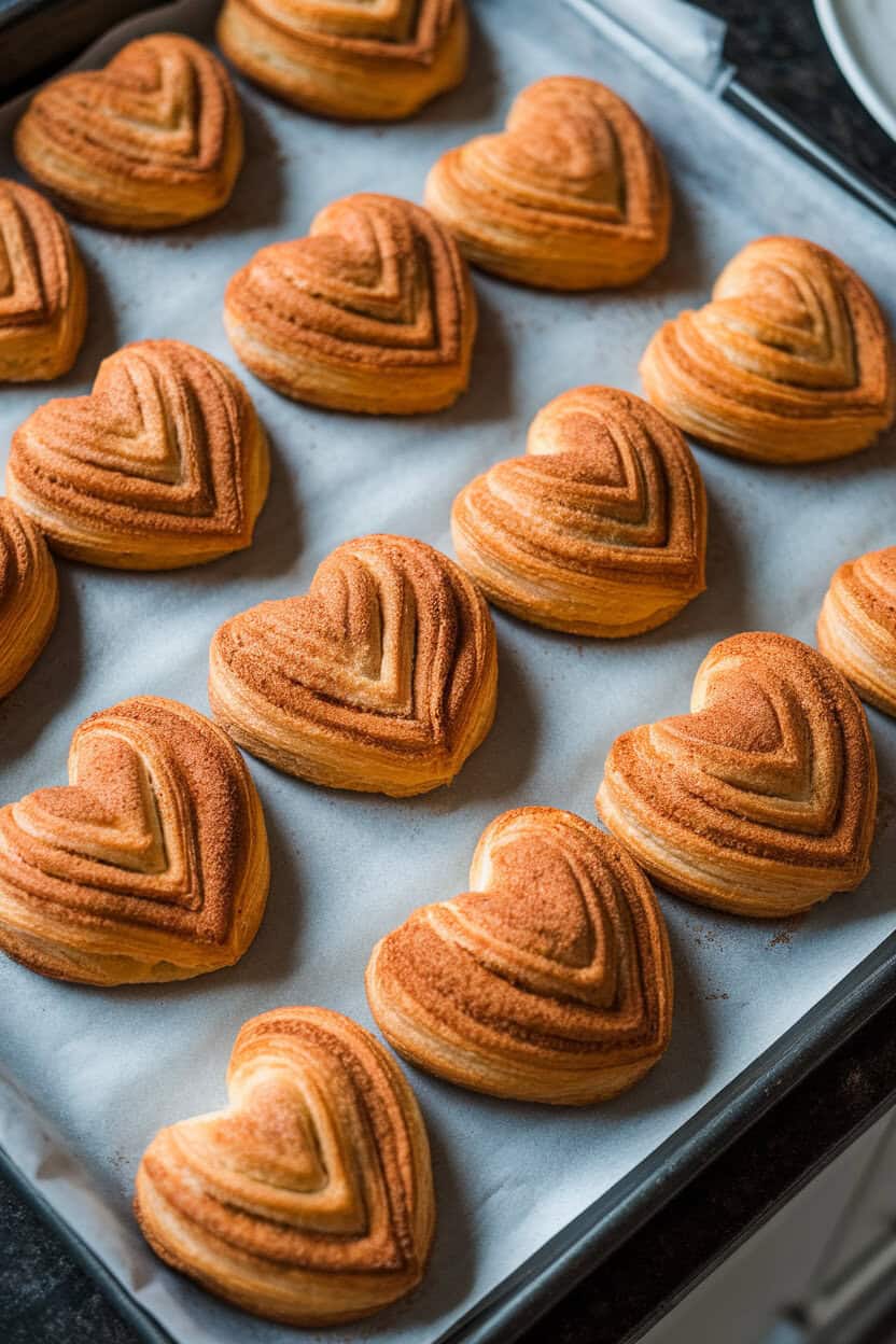 Photo prompt: Indoor cookie sheet lined with heart-shaped puff pastry palmiers coated in cinnamon sugar, no text or logos.