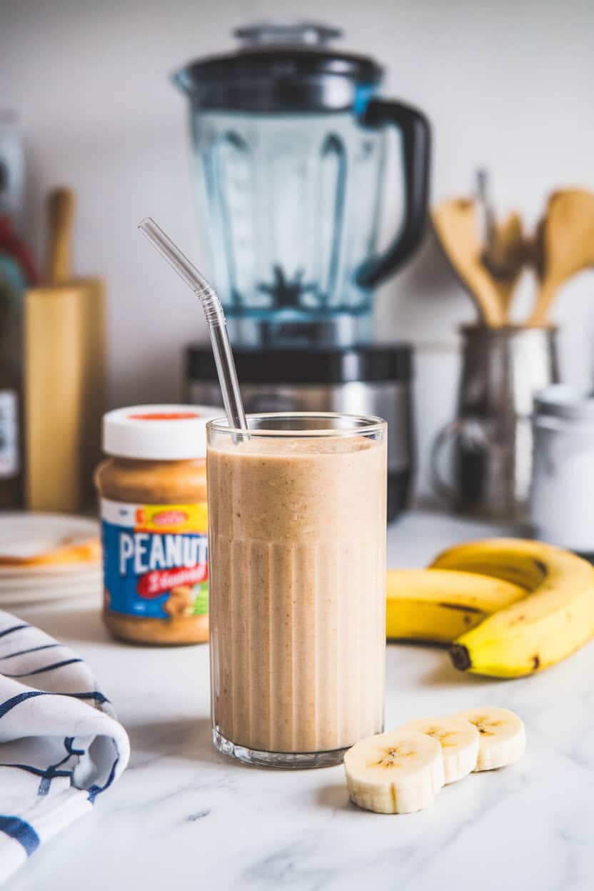An indoor kitchen counter featuring a tall glass of creamy peanut butter banana smoothie, a straw inside, and sliced bananas beside the glass. Photo only, no text or logos.