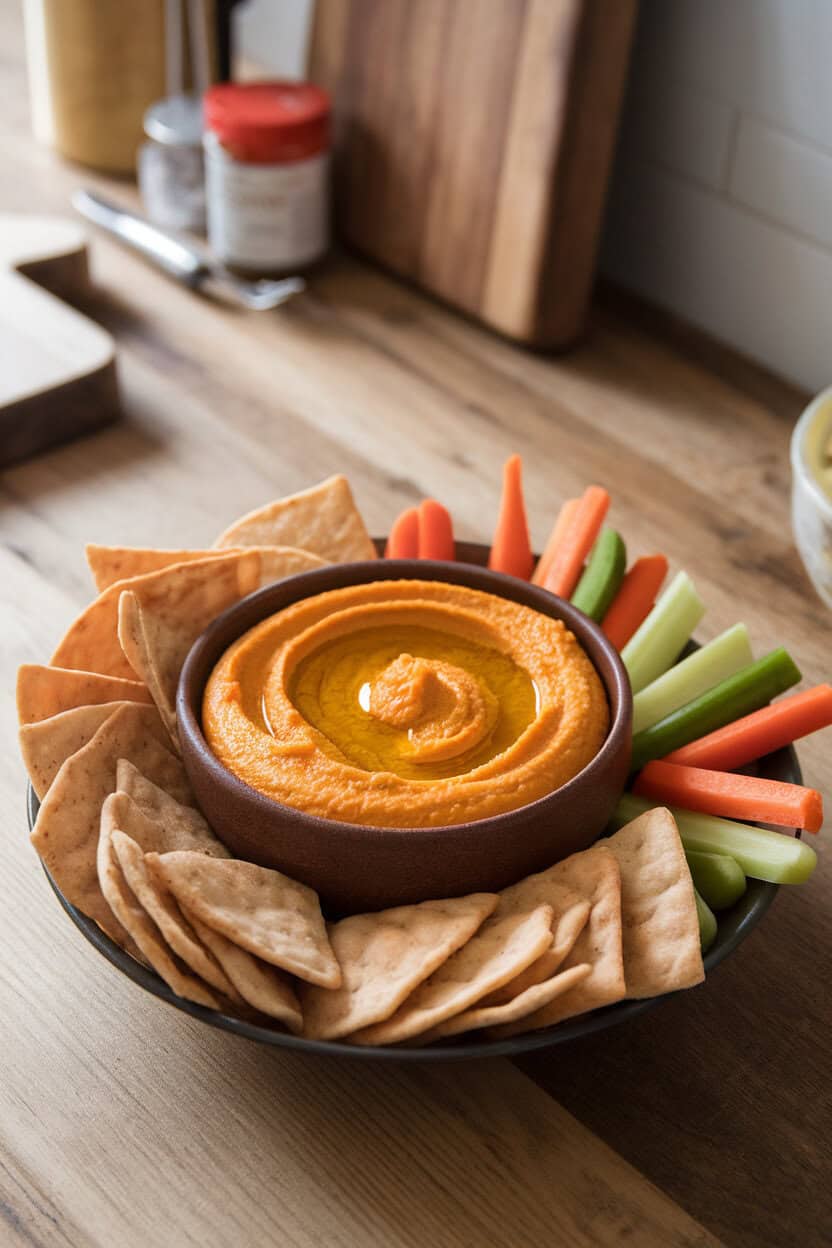 An indoor countertop scene with a rustic bowl of orange pumpkin hummus swirled with olive oil, surrounded by pita chips and veggie sticks. No text or logos. Photo only.