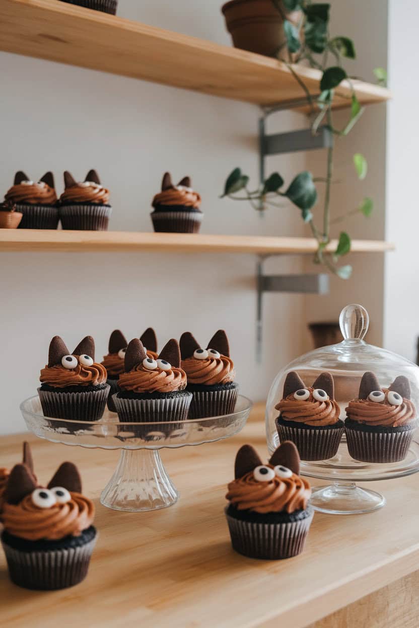 Photo, not illustration — indoor bakery counter with chocolate-frosted cupcakes topped with candy eyes and chocolate wafer ears to look like cats; soft pastry-shop lighting, no text or logos
