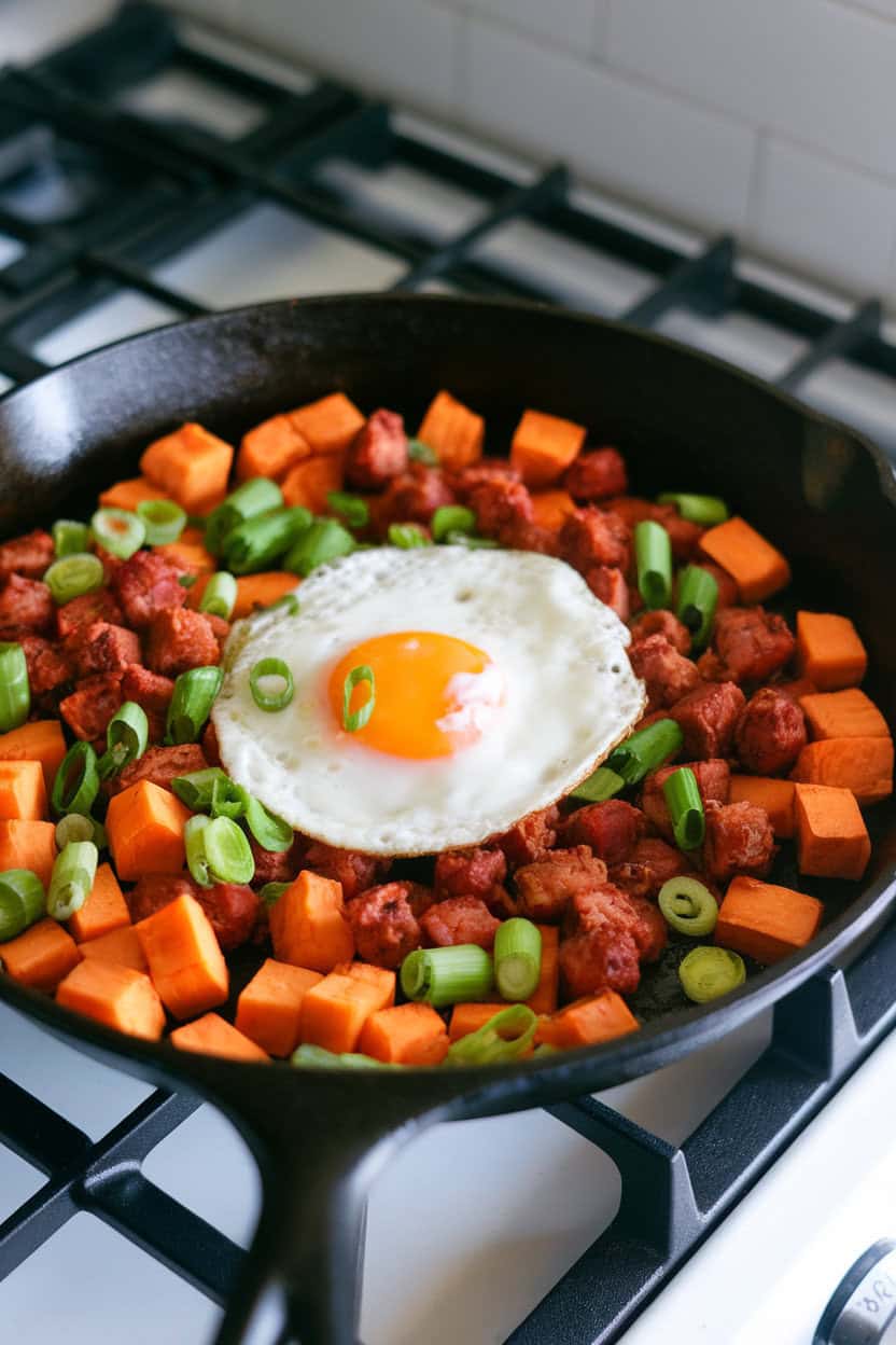 Cast-iron skillet on an indoor stovetop filled with sautéed sweet potato cubes, cooked chorizo, and bright green scallions, topped with a sunny-side egg. No text or logos visible. Photo, not illustration.
