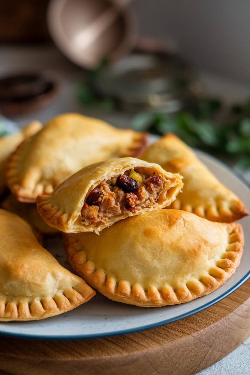Photo of baked lamb empanadas, one broken open to show spiced filling with olives and raisins, indoor surface, no text or logos.