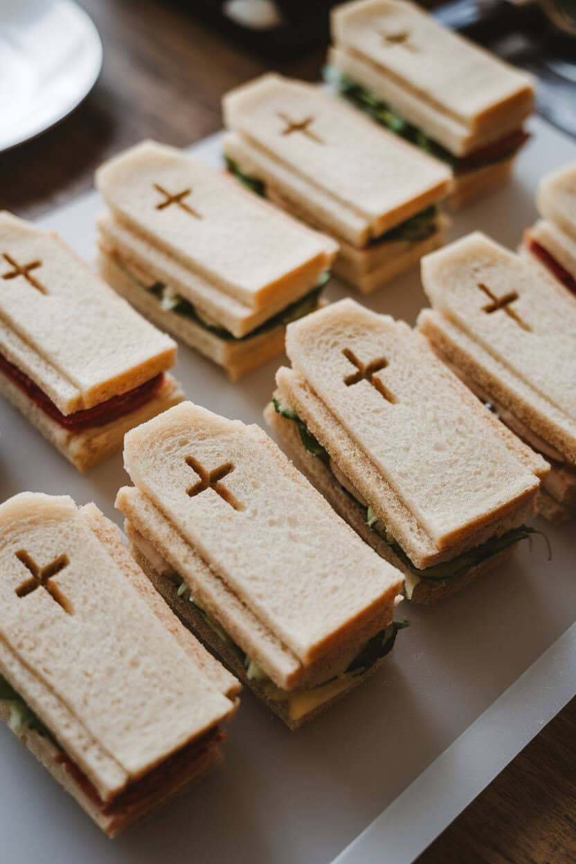 Indoor cutting board featuring rectangular tea sandwiches with trimmed corners to resemble coffins, crusts lightly stamped with a small cross using a knife tip. No logos or text, photo only.