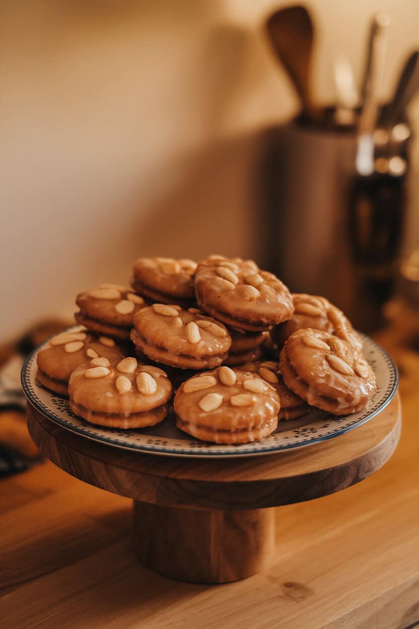 Indoor plate of round glazed lebkuchen cookies, almonds pressed on top, warm kitchen lighting, no text or logos visible.