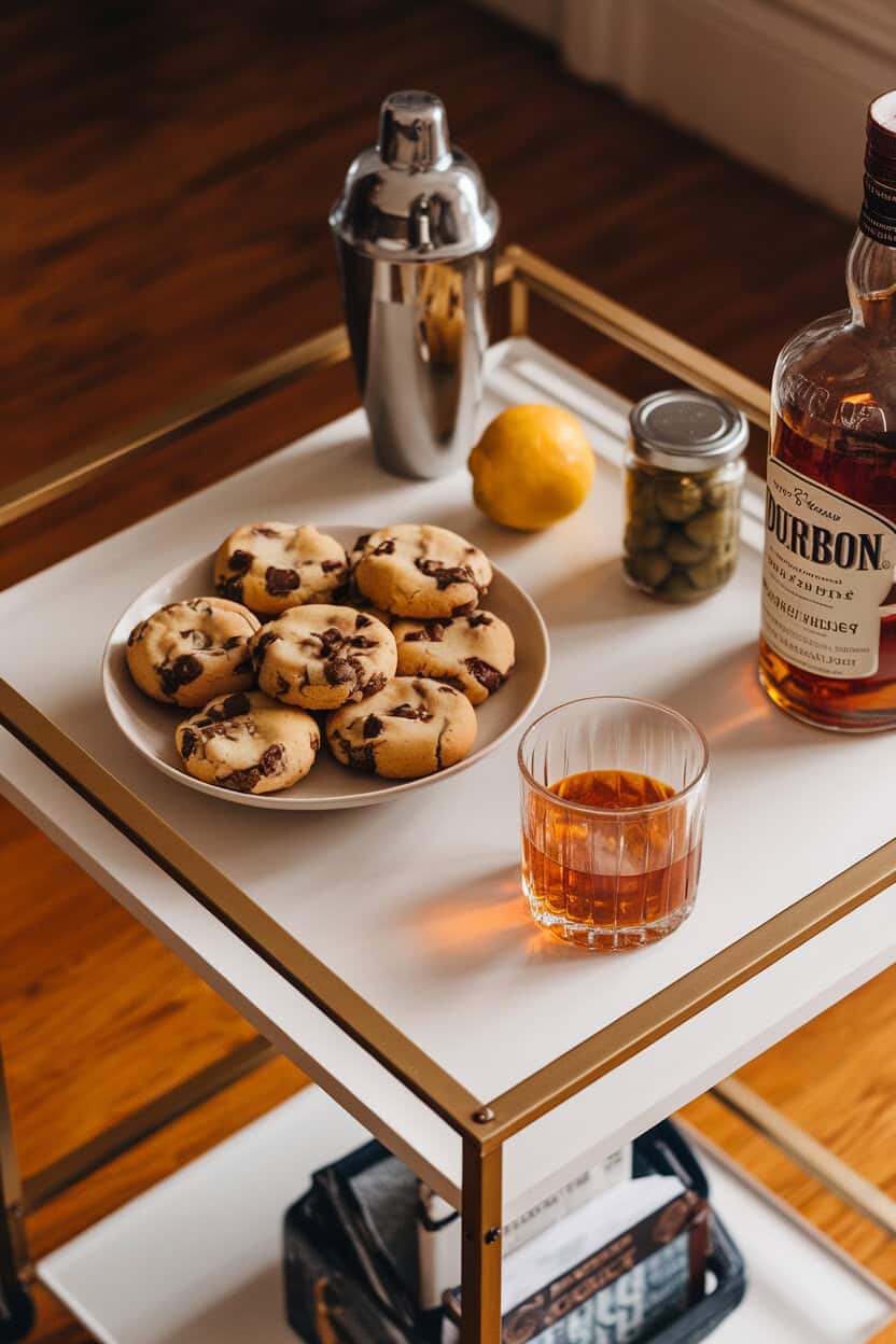 Photo prompt: An indoor bar cart backdrop featuring a plate of bourbon chocolate chunk cookies beside a rocks glass filled with bourbon (no brands visible). No text or logos.