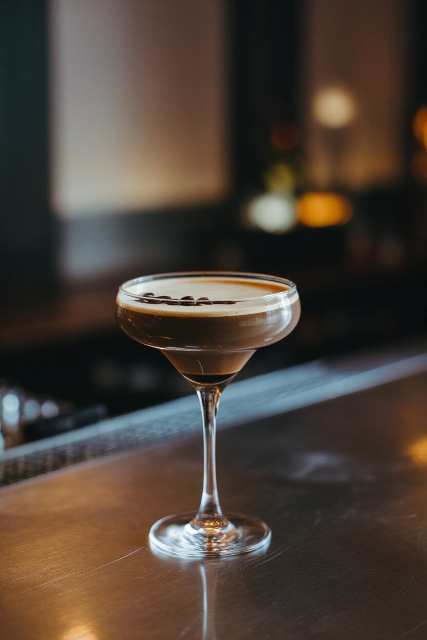 Indoor cocktail bar lighting, sleek martini glass of dark chocolate drink with coffee bean garnish, faint reflection on polished surface; no logos