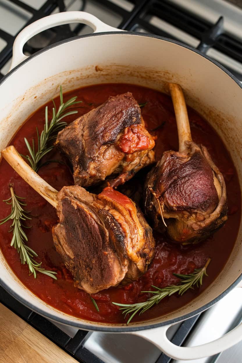A Dutch oven on an indoor stove containing tender lamb shanks in a rich tomato and red wine sauce, rosemary sprigs visible. No logos; photo, not illustration.