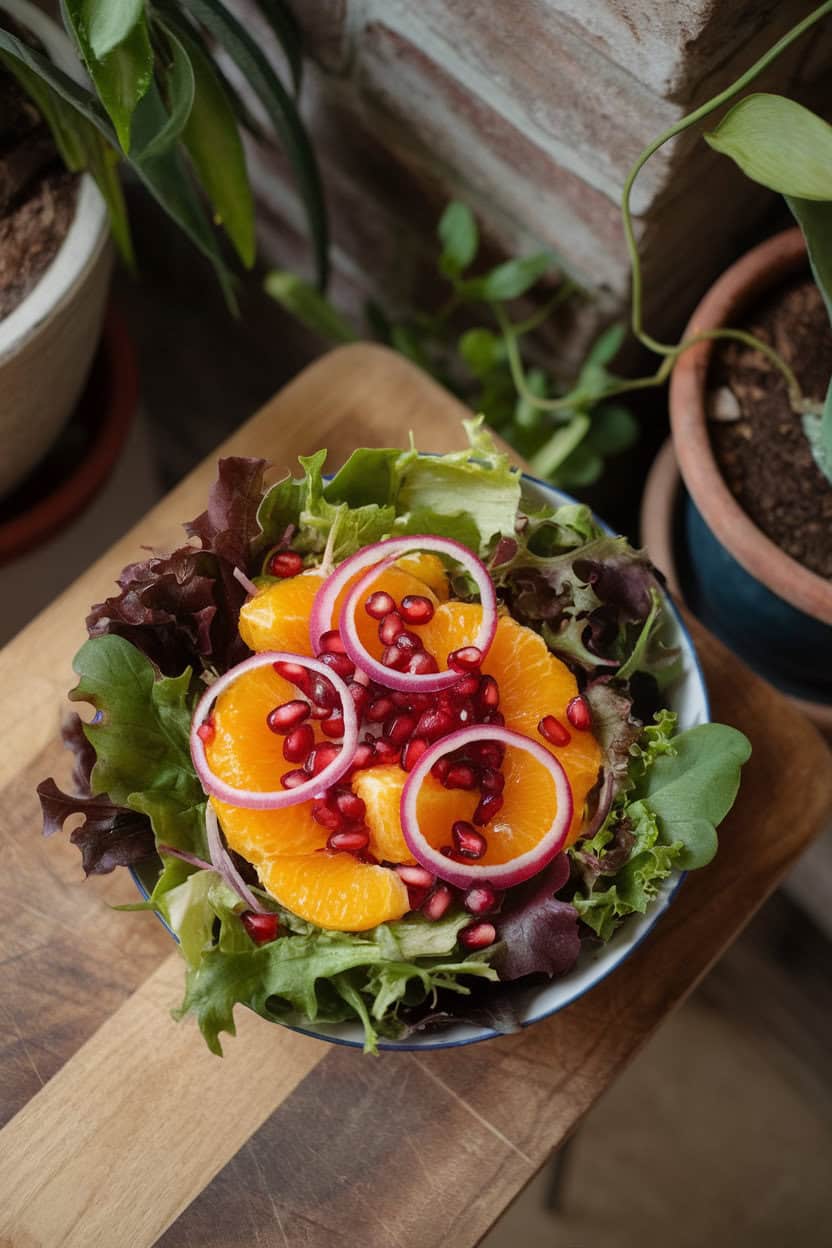 An indoor salad bowl filled with mixed greens, bright orange segments, ruby pomegranate arils, and thin red onion rings, photographed overhead. No text or logos.
