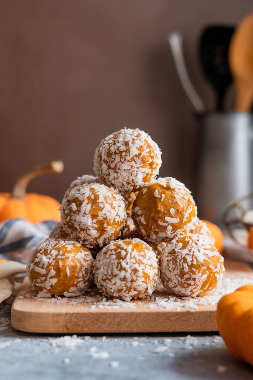 Indoor cutting board with a pyramid of pumpkin spice energy balls coated lightly in shredded coconut, no branding or text.