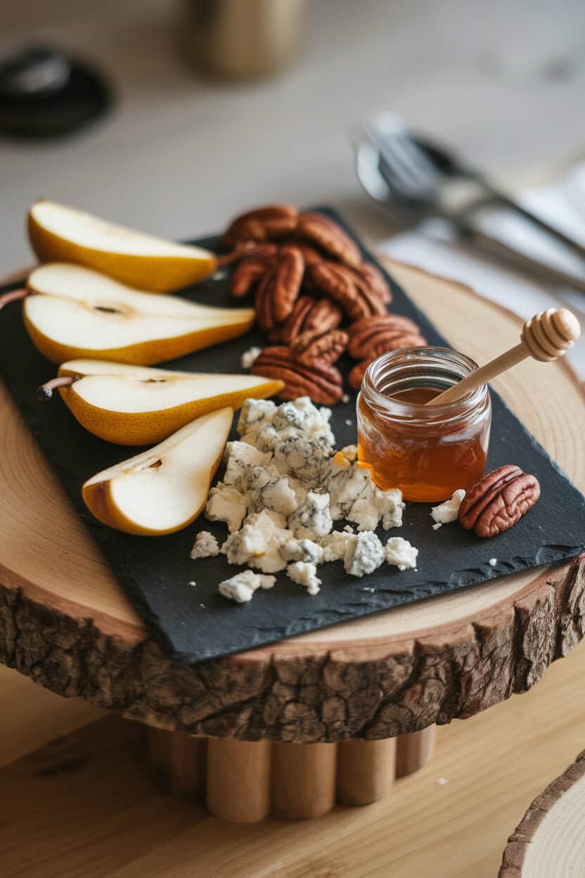 Indoor image of a slate board with ripe pear wedges, crumbled blue cheese, candied pecans, and honey in a tiny jar with dipper. No text or logos.