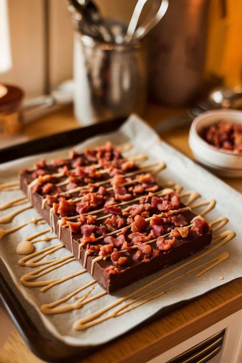 Warm indoor countertop photo of dark-chocolate toffee embedded with crispy bacon crumbles and a drizzle of maple glaze. No text or logos.