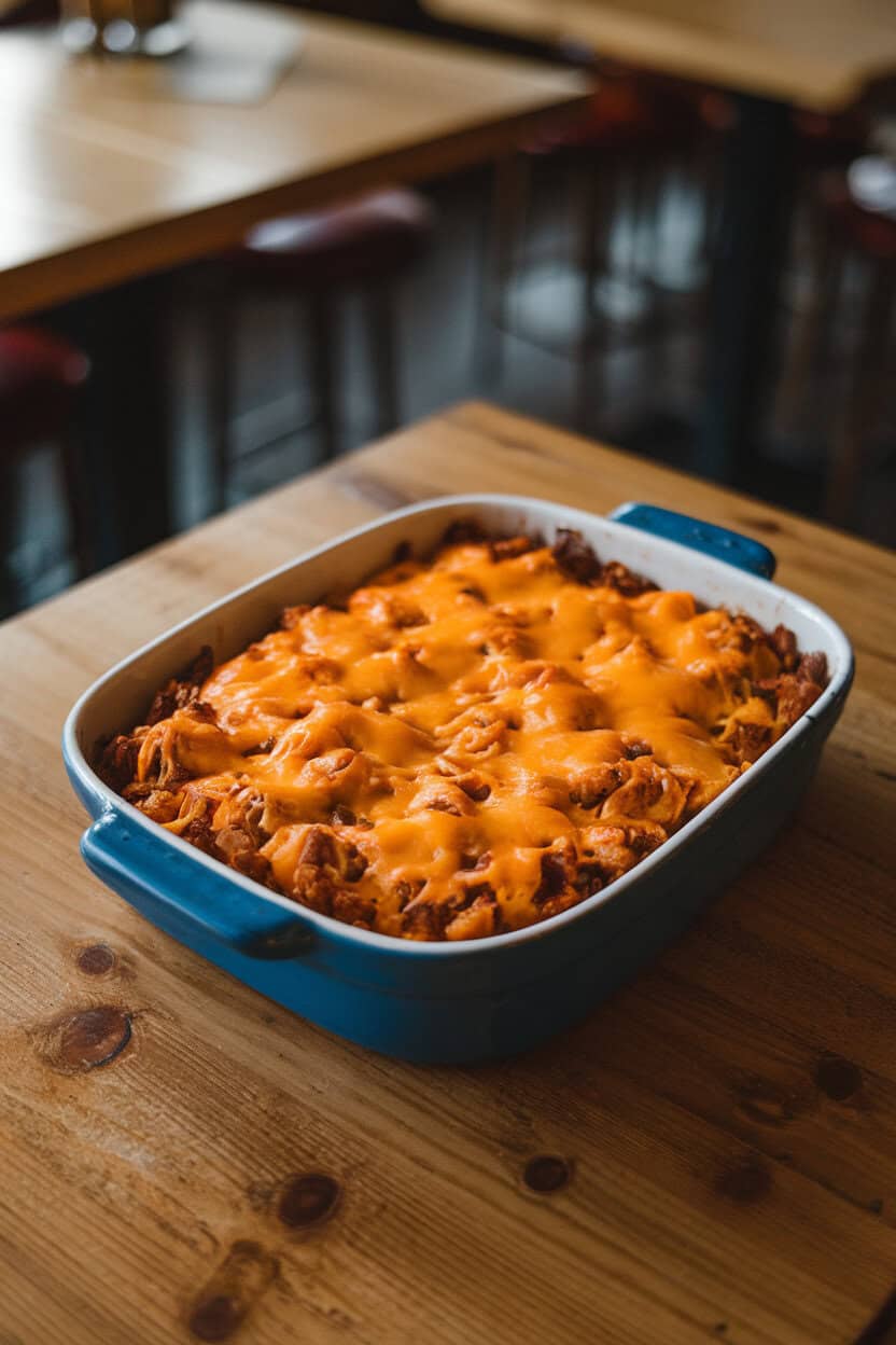 An indoor pub-style wooden table holding a casserole of pretzel stuffing topped with melted cheddar, bubbles visible, shot at a slight angle. No text or logos; photo only.