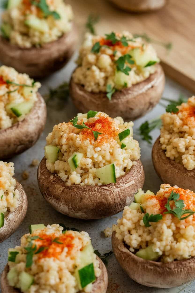 Photo taken indoors of stuffed mushrooms showing fluffy couscous and chickpea mixture flecked with diced cucumber and herbs. No text or logos.