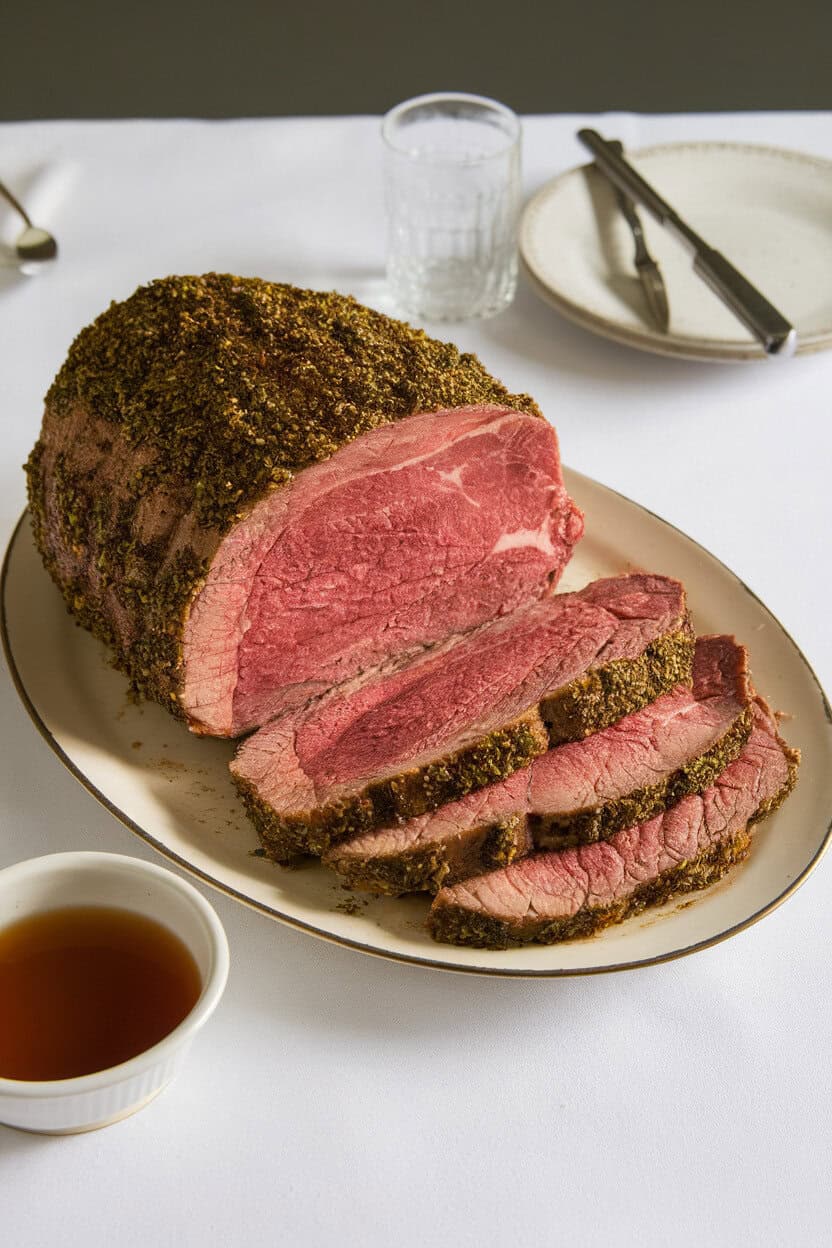 An indoor dining table with a sliced medium-rare prime rib roast, herb crust visible, accompanied by a small bowl of jus; photo, no text or logos.