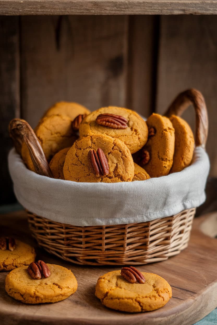 Photo prompt: Indoor early-morning kitchen light over pumpkin-pecan breakfast cookies piled in a linen-lined basket, no text or logos.