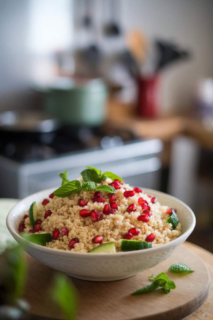 Indoor photo of a bowl of couscous dotted with pomegranate seeds, cucumber, and mint. No text or logos.