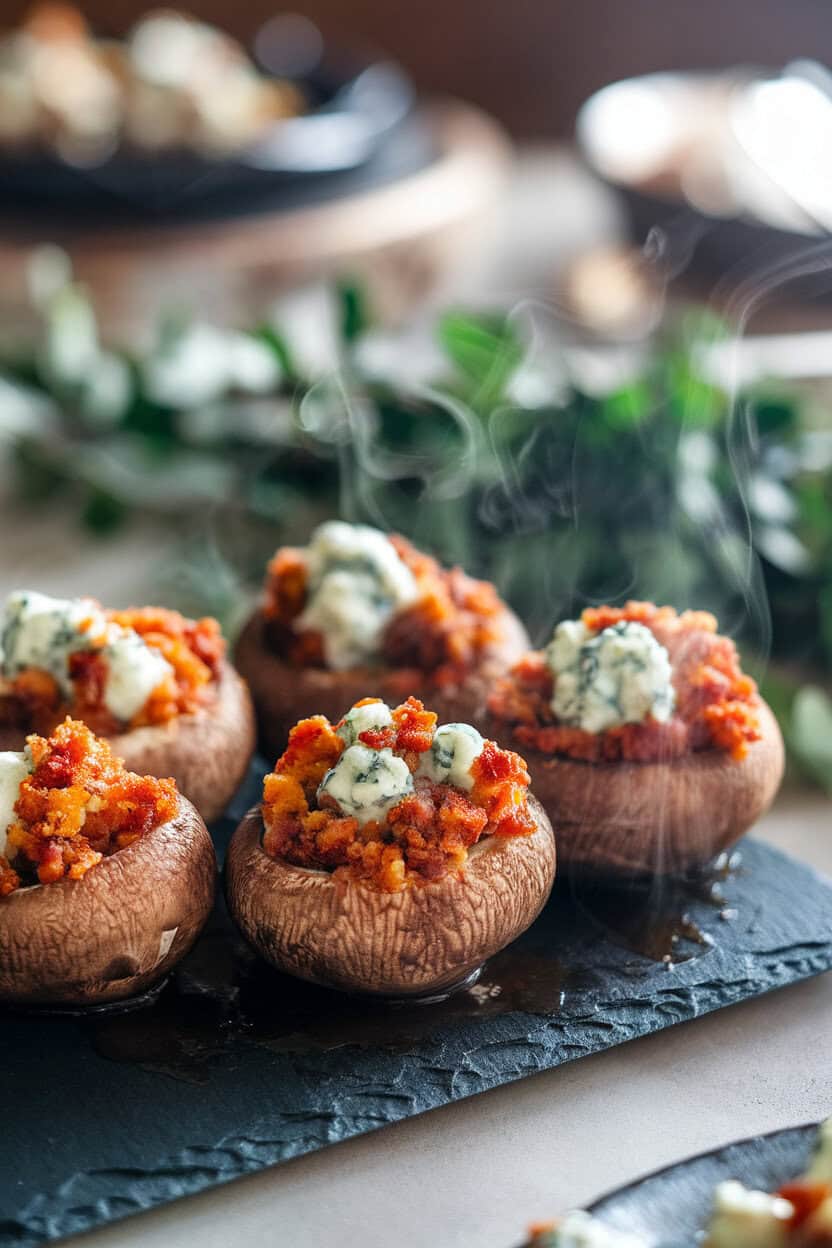 Photo taken indoors of a dark slate platter with bacon-crumbled, blue-cheese stuffed mushrooms, wisps of steam rising. No text or logos.