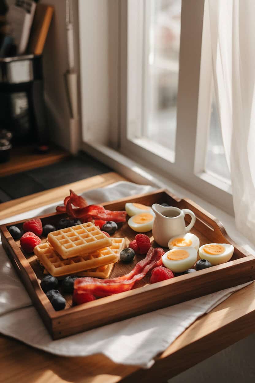 Photo indoors of a wooden tray with mini waffles, smoked bacon twists, sliced hard-boiled eggs, berries, and maple syrup in a tiny pitcher, sunlight through kitchen window, no brand names.
