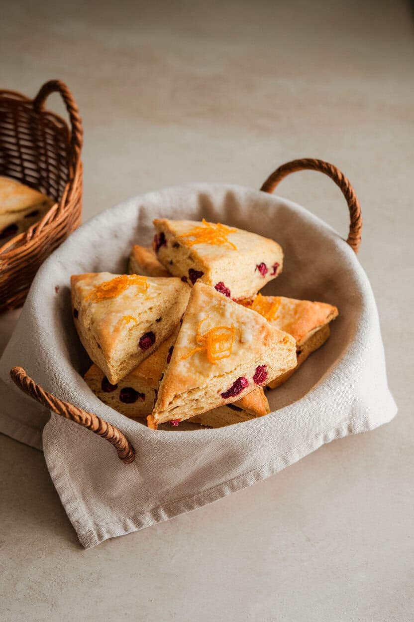 Indoor bakery-style countertop with a basket of triangular cranberry orange scones, orange zest visible, and a linen cloth beneath. No text or logos. Photo, not an illustration.