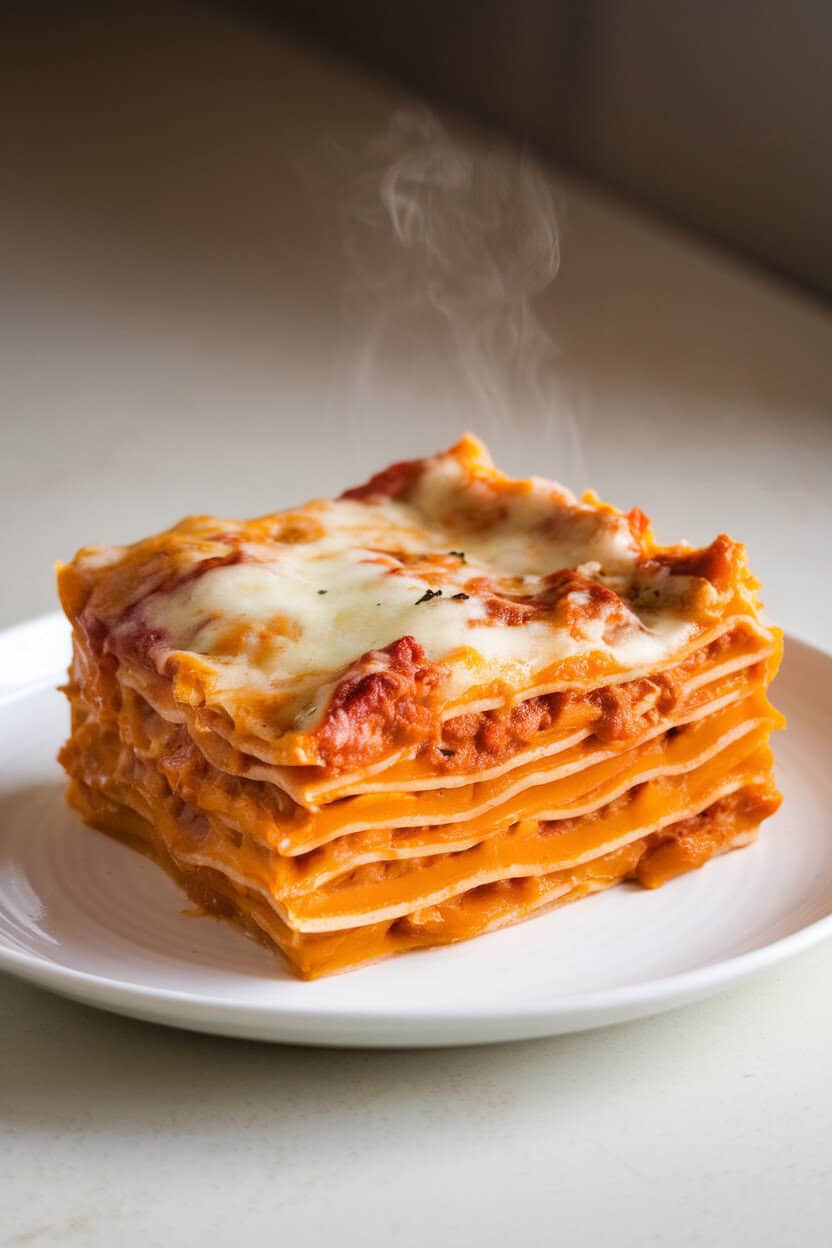 Indoor kitchen scene featuring a slice of butternut squash lasagna on a white plate, noodle layers visible beneath orange squash purée and melted cheese. Steam wisps rising, no text or logos. Photo, not an illustration.