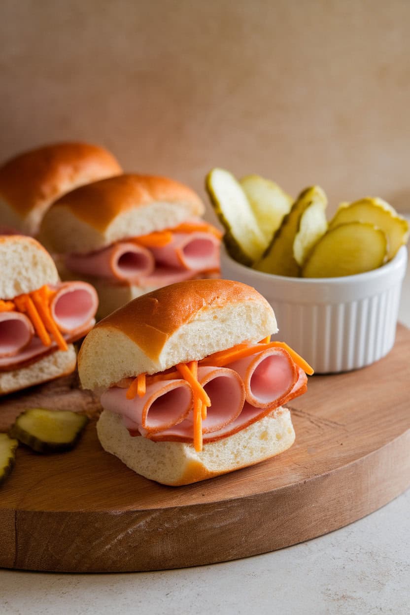 Indoor photo showing mini brioche buns filled with sliced glazed ham and sharp cheddar, set on a board with pickle chips in a ramekin. No text or logos. Photo, not illustration.