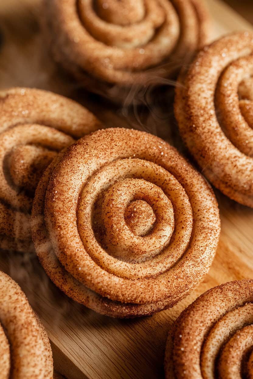 Indoor close-up of snickerdoodles coated in speckled chai-spice sugar on a wooden board, steam faint under warm light; no logos.