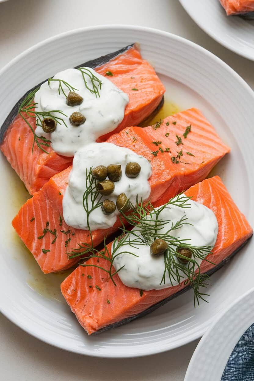Photo of an indoor dining table showing cooked salmon fillets topped with creamy dill yogurt sauce and a few capers, all on a white plate. The fish is clearly cooked through, no raw appearance. No text or logos.
