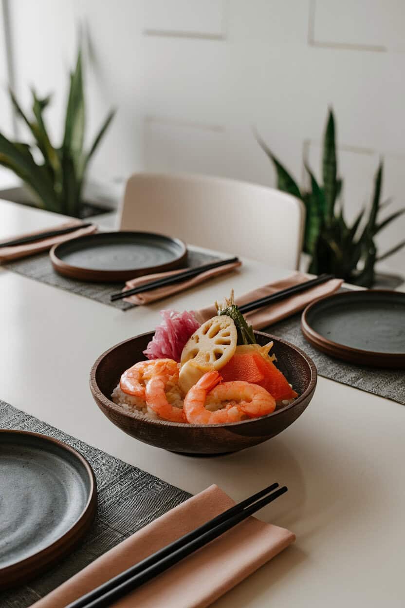 An indoor dining table displaying a shallow wooden bowl of sushi rice topped with cooked shrimp, tamagoyaki slices, pickled lotus root, and bright vegetables. All seafood shown is cooked. No text or logos. Photo, not illustration.