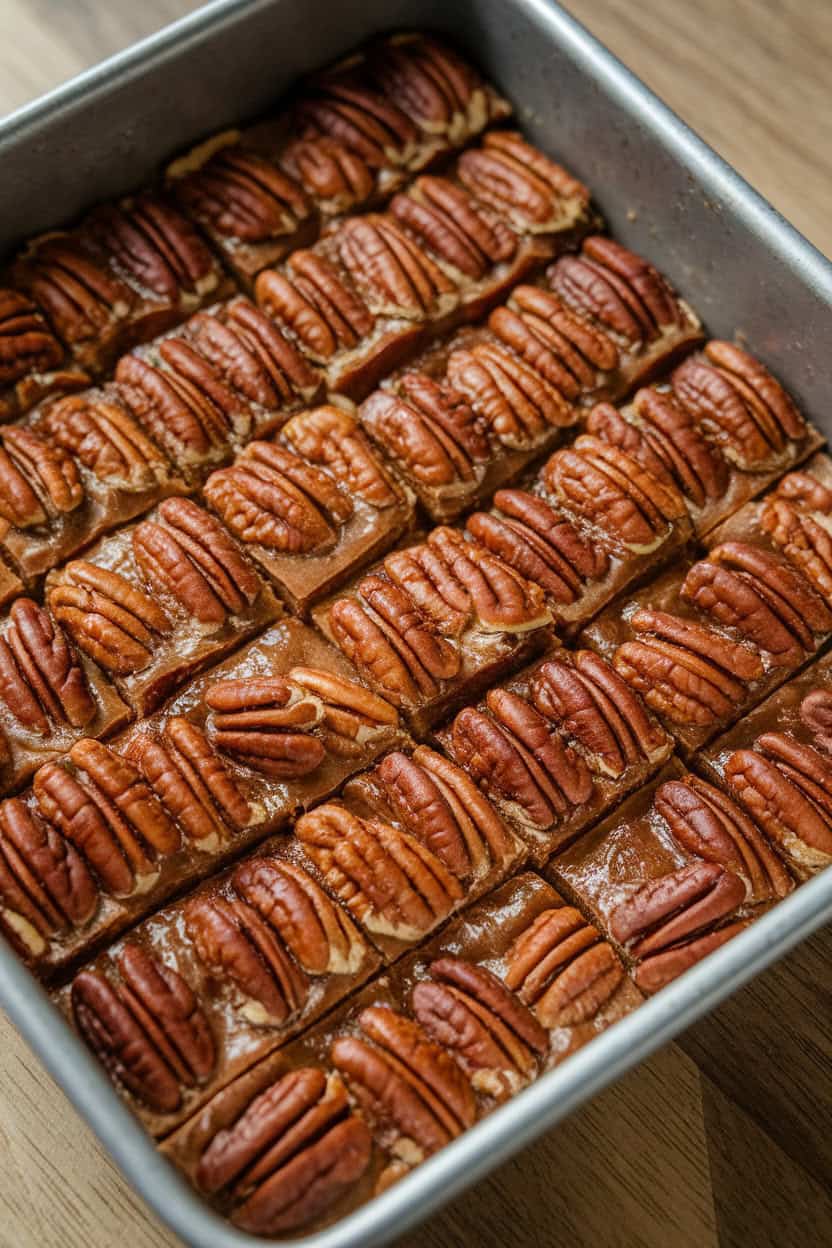 Photo prompt: Indoor baking dish with square pecan pie bars, a glossy pecan layer visible, no text or logos.