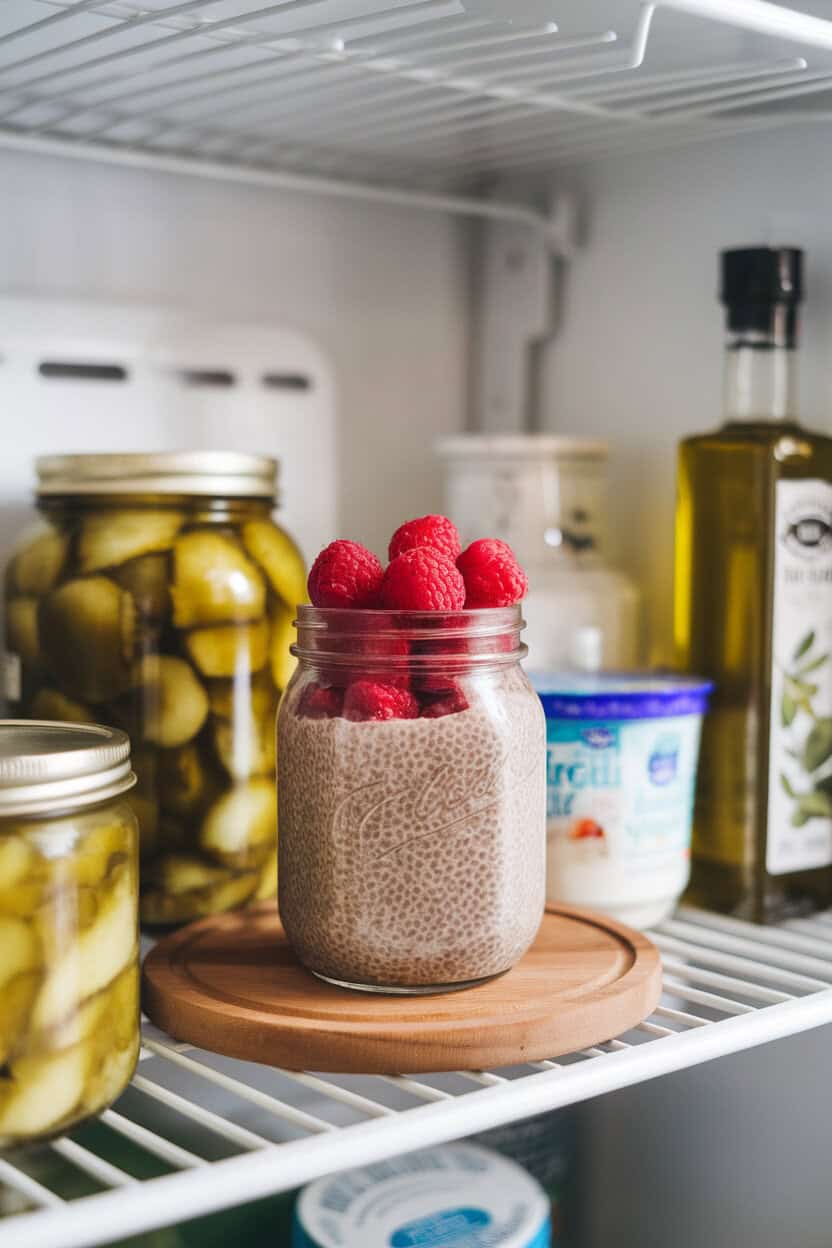 An indoor refrigerator shelf scene with a small mason jar of chocolate chia pudding topped with raspberries. Photo only, no text or logos.