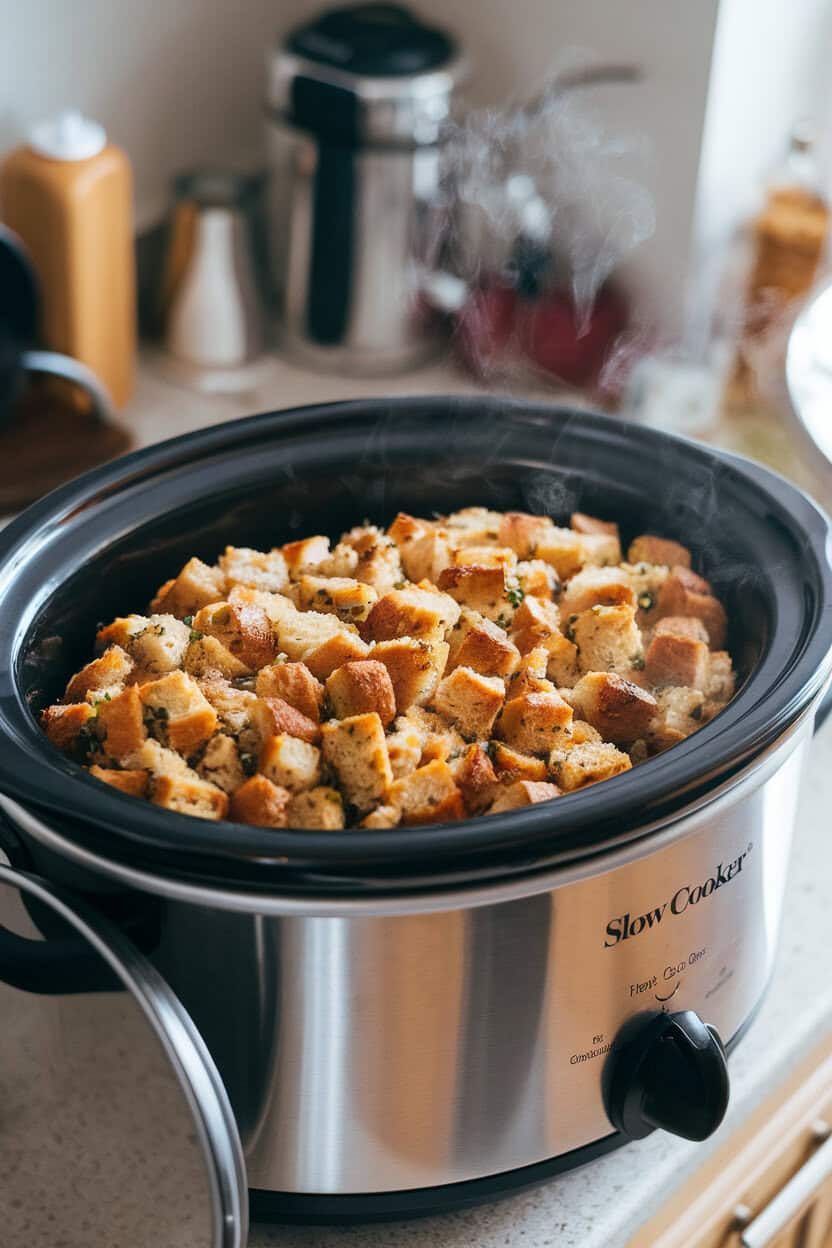 An indoor countertop scene with a slow cooker full of traditional bread stuffing, lid set aside, steam rising. No text or logos; photo, not illustration.