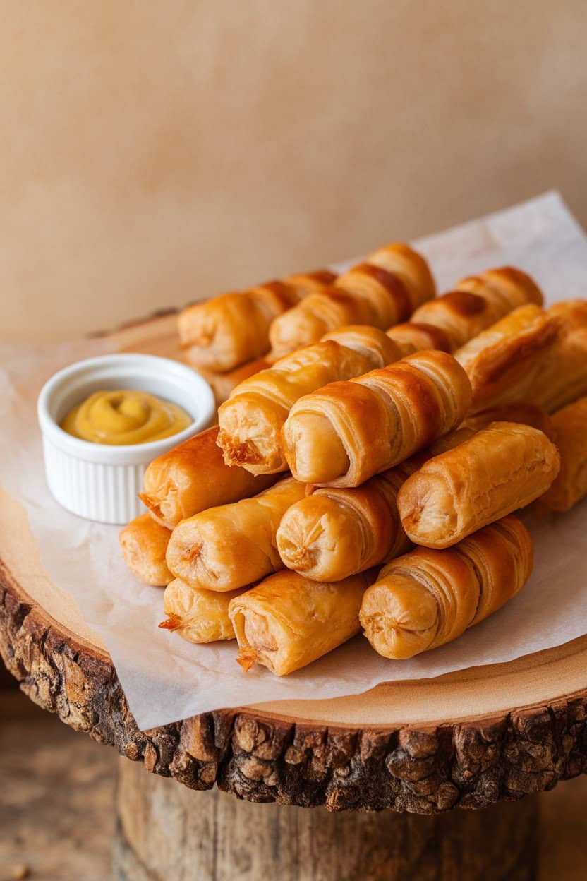 An indoor serving board lined with parchment and stacked with golden pastry-wrapped mini sausages, a small ramekin of mustard alongside. No text, logos, or visible brand names.