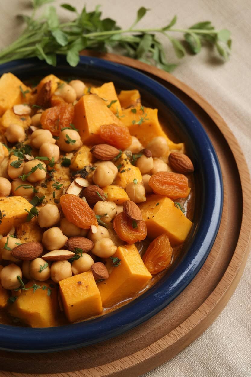 Indoor photo of a Moroccan-style tagine dish filled with squash chunks, chickpeas, dried apricots, and almonds in a spiced sauce; no text or logos.
