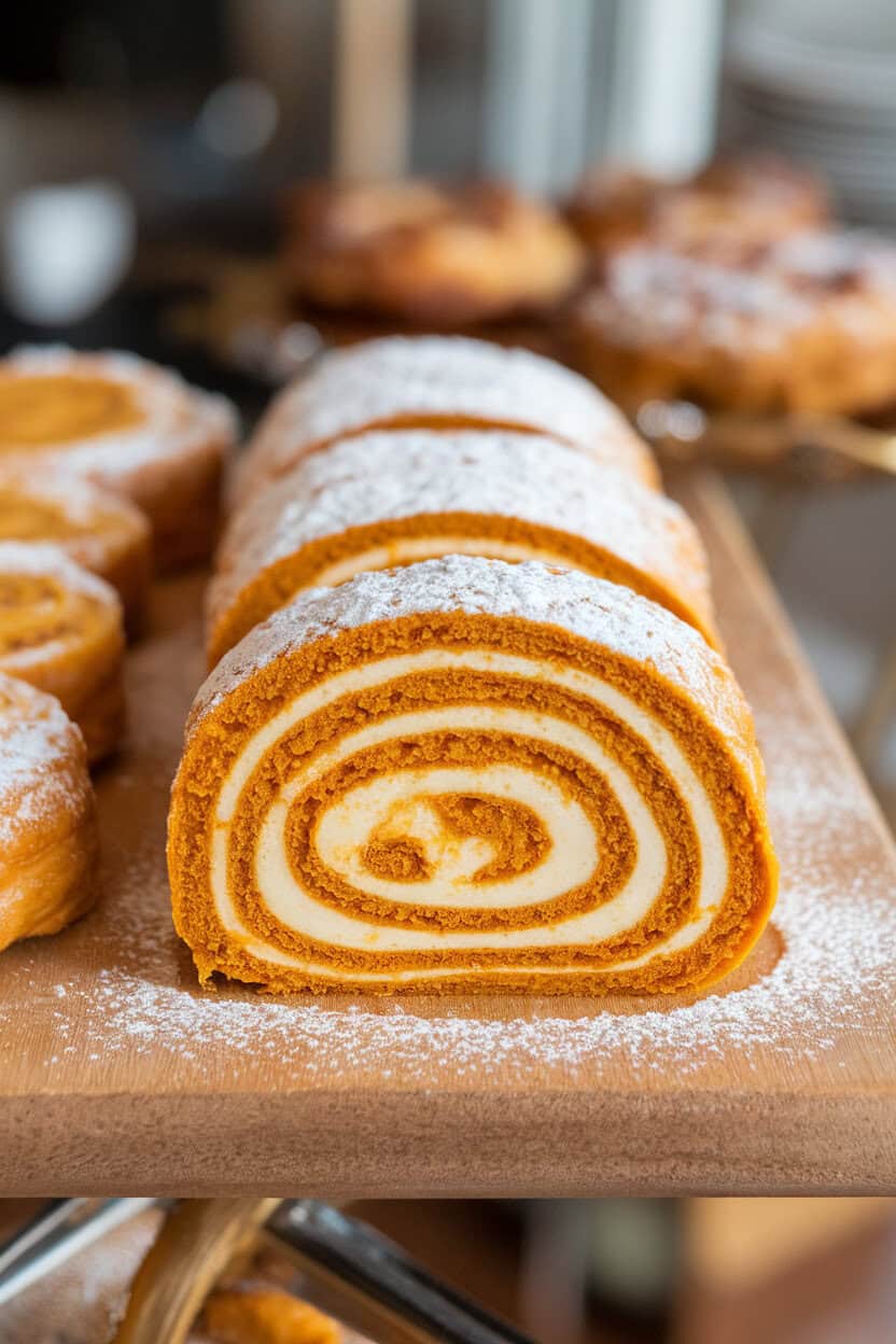 An indoor pastry board displaying a sliced pumpkin roll, spiral of cream cheese filling visible. No text or logos.