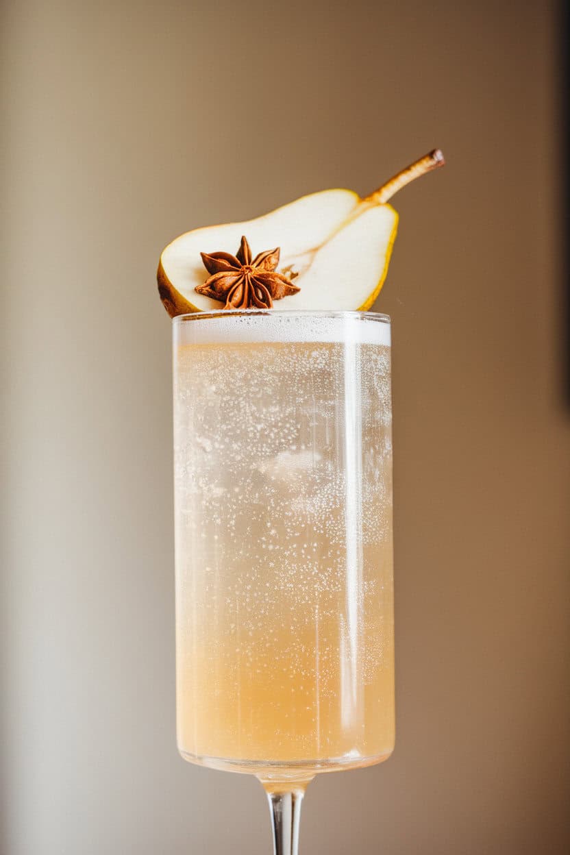 Indoor photo of a tall Collins glass filled with a pale golden cocktail, sparkling bubbles visible, topped with a pear slice and star anise. Neutral background, no logos or text.