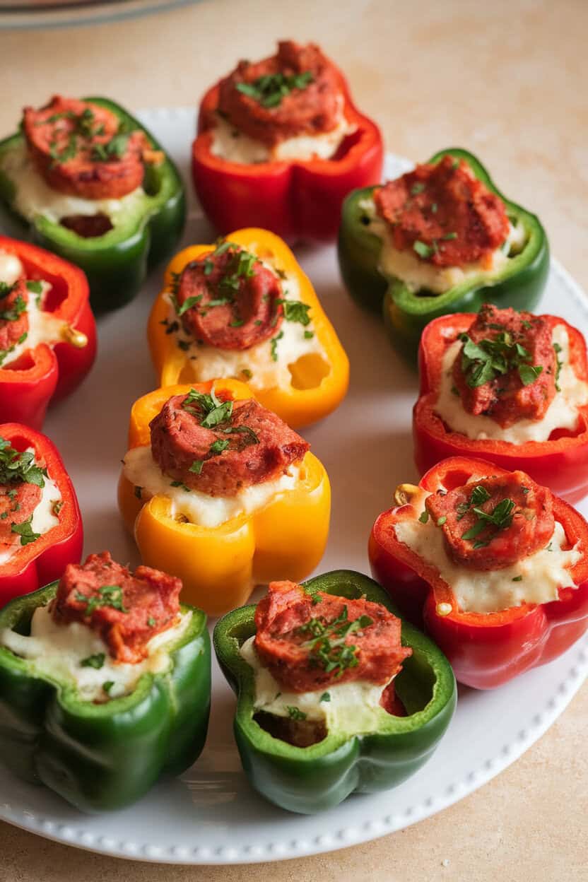 Photo of colorful mini bell peppers indoors, halved and filled with chorizo-cheese mixture, baked until bubbly; no logos