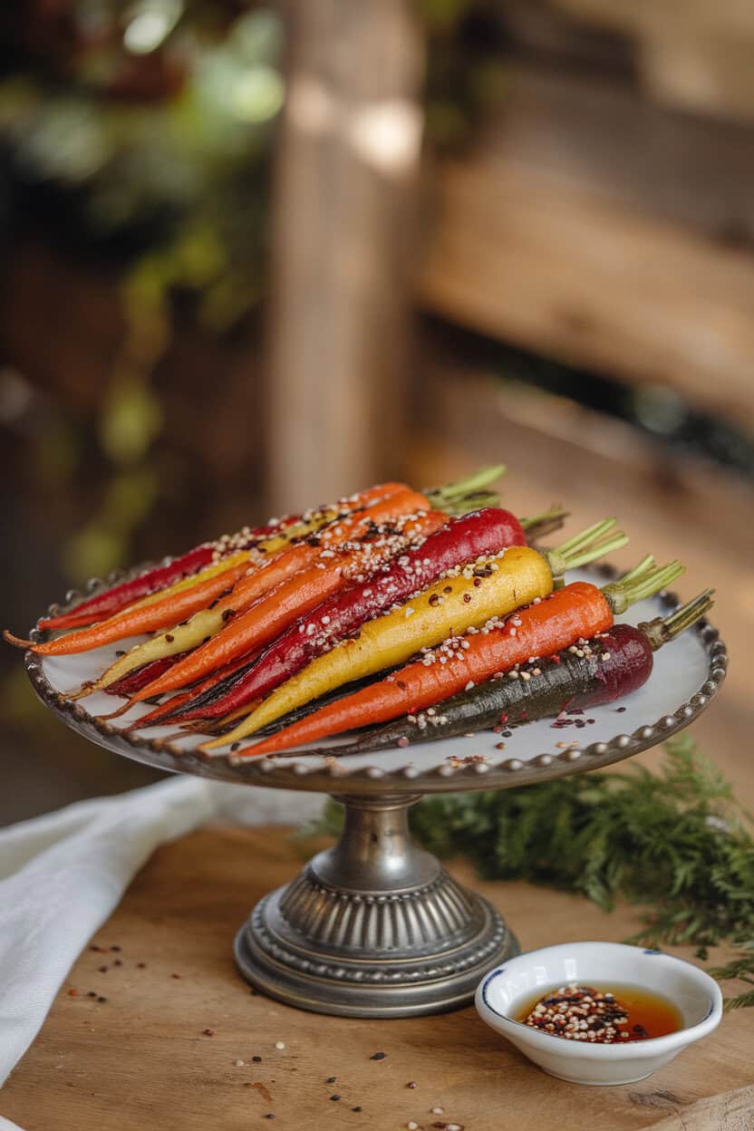 An indoor serving platter of roasted rainbow carrots drizzled with chili-infused honey and sesame seeds—photo, no text or logos