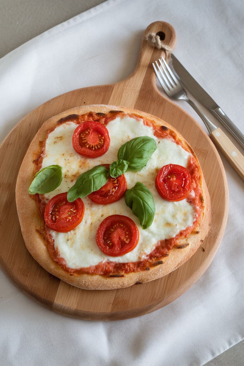 An indoor wooden board holding sliced margherita flatbread with melted mozzarella, basil leaves, and blistered tomatoes—photo, no text or logos