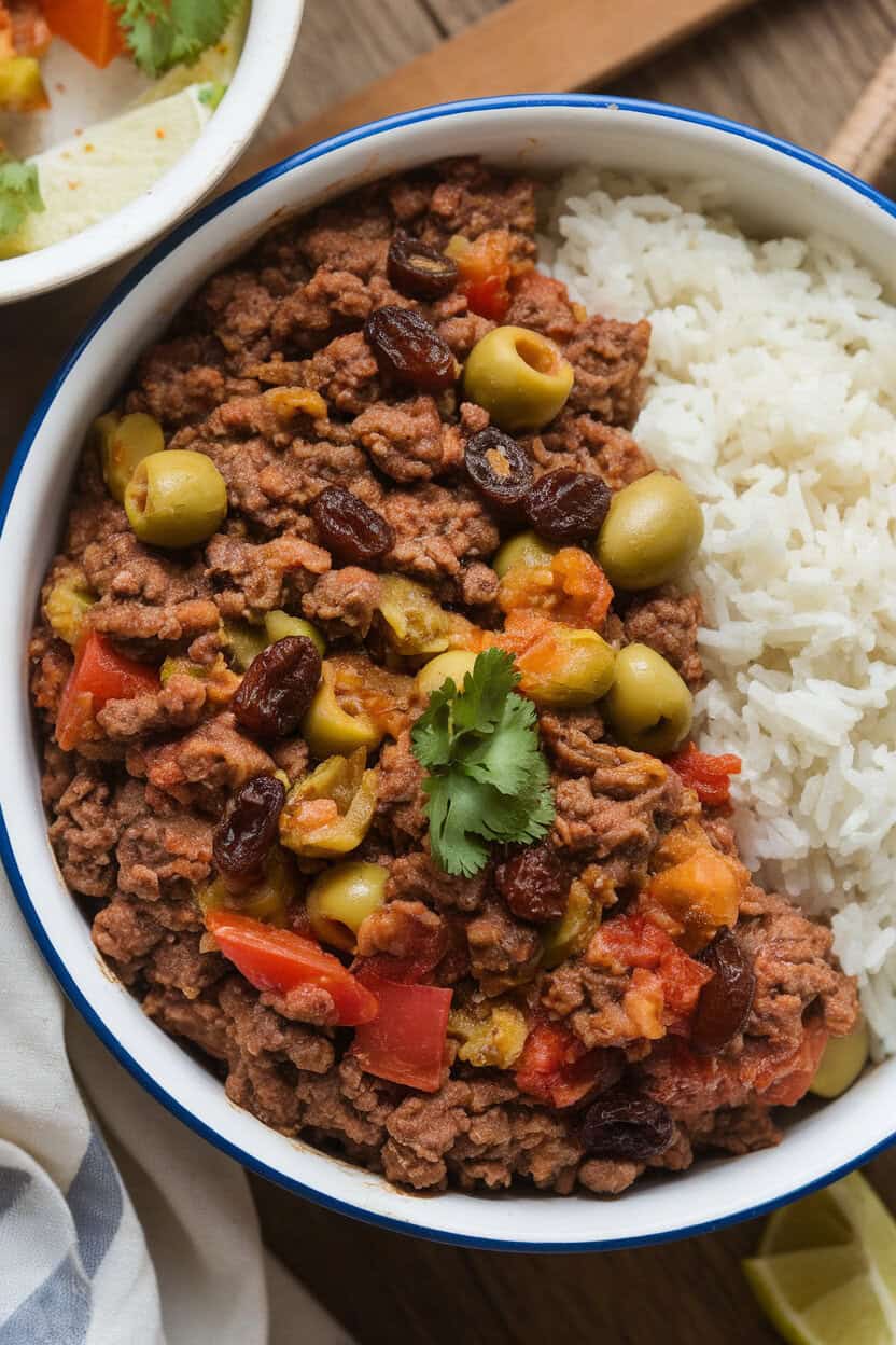 Indoor photo of a shallow dish of picadillo—ground beef with tomatoes, green olives, and raisins—served alongside white rice. No text or logos anywhere.