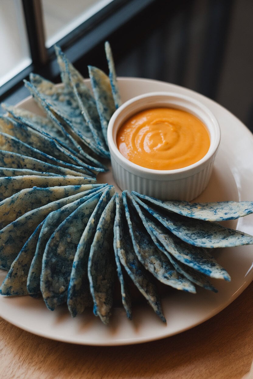 Photo indoors of triangular blue corn chips fanned out like wings beside a ramekin of bright orange queso. No text or logos in view.