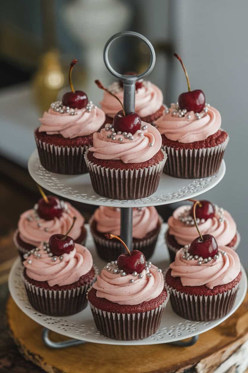 Indoor photo of almond-flavored cupcakes with pink cherry frosting and a maraschino cherry plus silver sprinkles, arranged on a tiered stand. No logos or text.