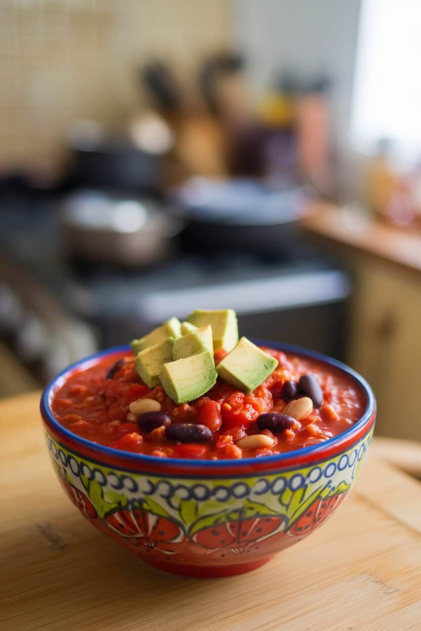 Indoor photo of a colorful bowl of tomato-based chili featuring kidney, black, and pinto beans, topped with avocado cubes; no text or logos